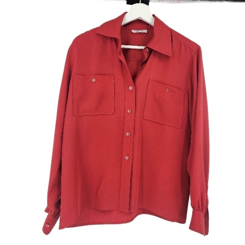 Vintage 60s Saint Laurent Rive Guache Blouse Red Silk Button Down Pocket Size 38